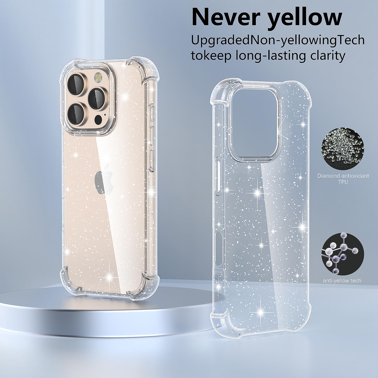 LeYi Cover Per IPhone 16 Con Glitter E Vetro Temperato [2 Pezzi] - Custodia Rigida Con Bumper In Silicone, Viola/Blu Gradient