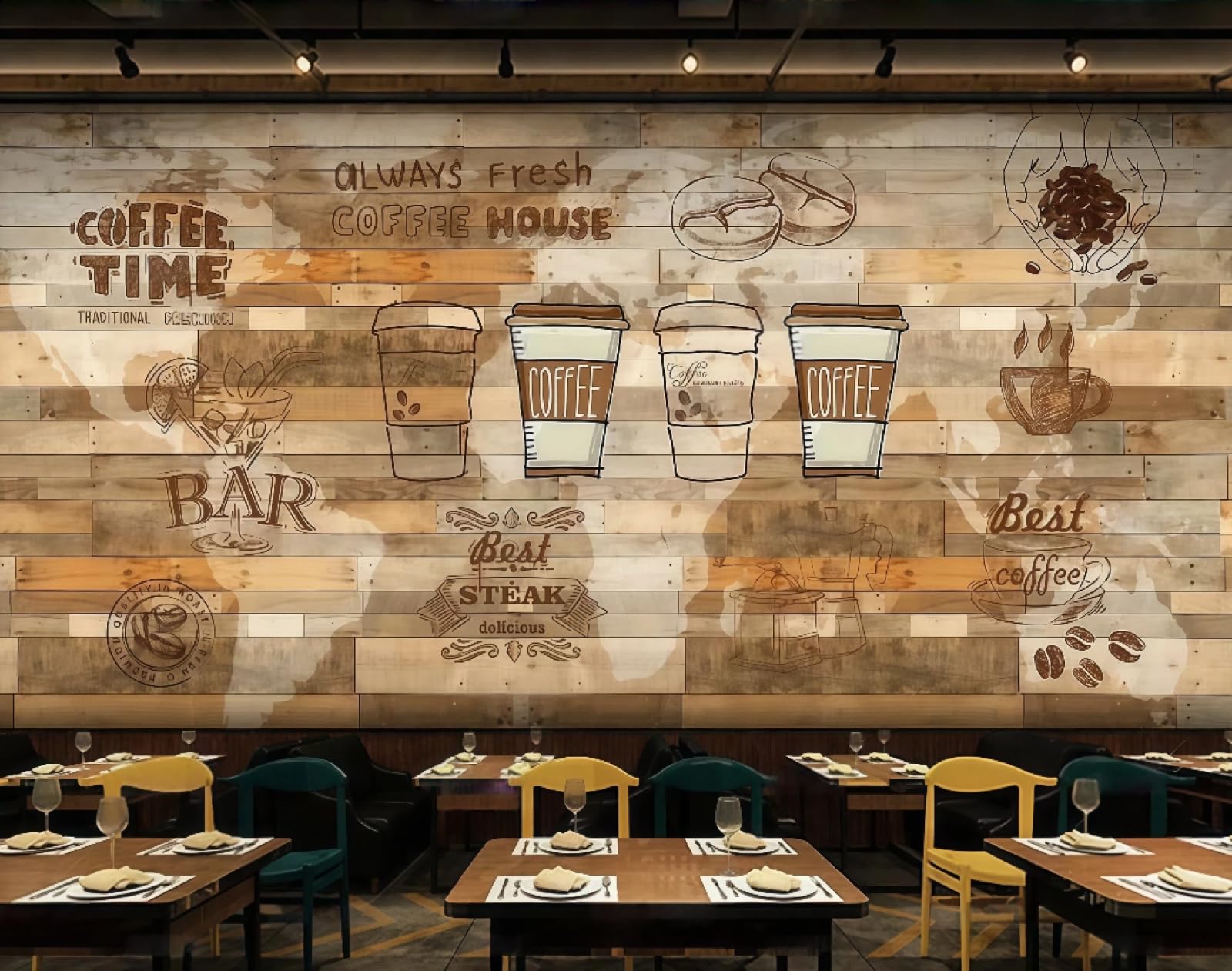Xdoubao 3D Wallpaper Retro Wooden Board Nostalgic Hand-Painted Coffee Dessert Poster Bakery Coffee Shop Background Mural Western Restaurant Wallpaper,,430X300cm