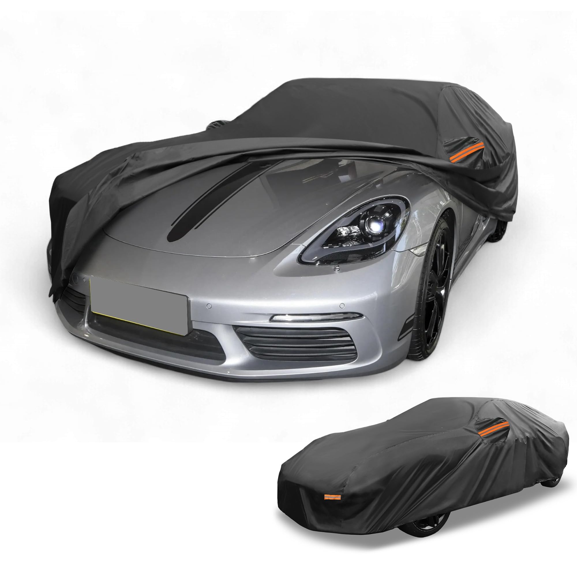 Housse De Voiture Étanche Toutes Saisons pour Porsche 718 1Pc | Noir, 210D-PU, 445x180x110cm, Protection UV, Pluie, Soleil, Bandes Réfléchissantes, Utilisation Extérieure