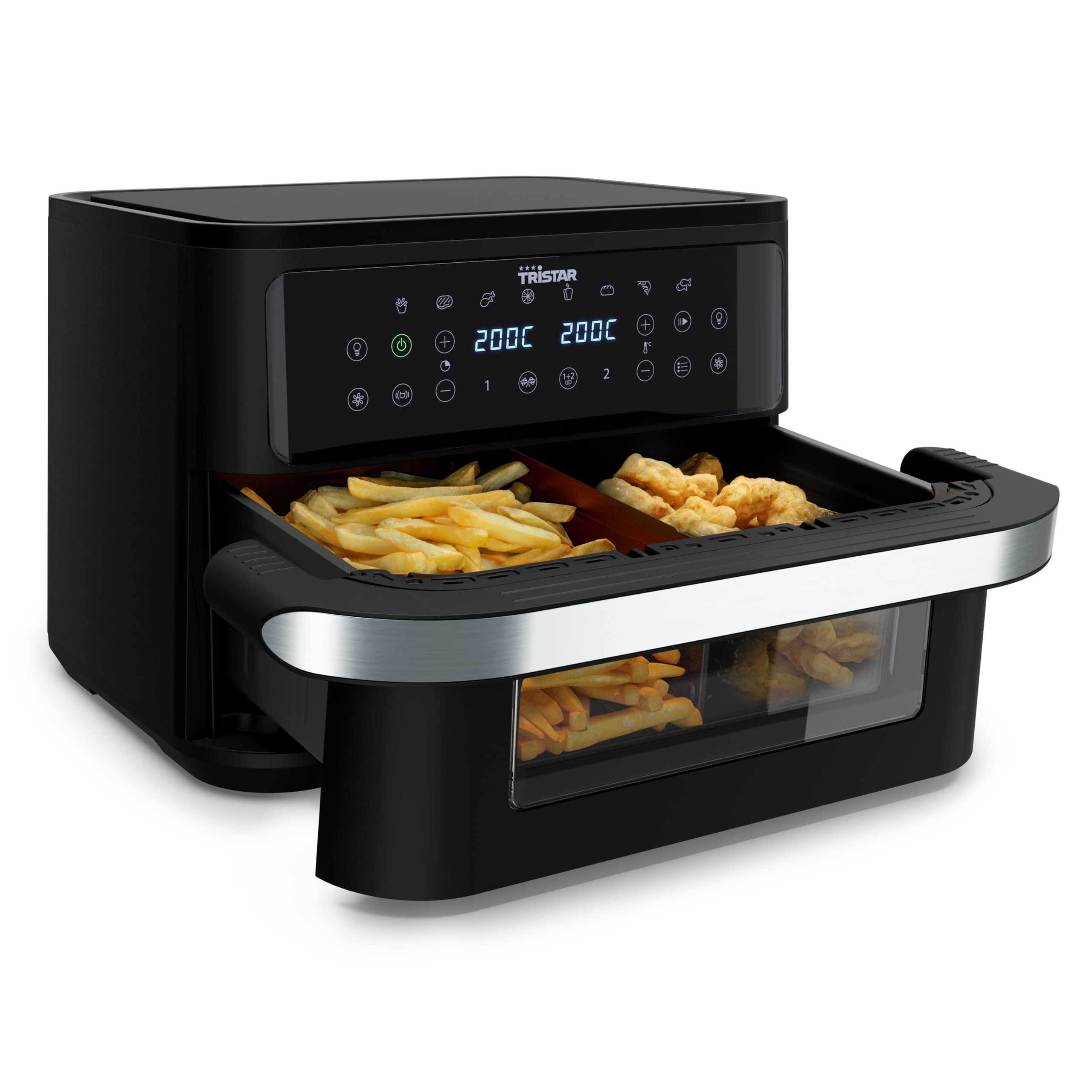 Tristar Freidora de Aire Dualzone Flex, Capacidad 10 L, 2800 W, 8 Programas, Pantalla Digital, Cocina Sin Aceite, Apagado Automático, Antiadherente, Apta Lavavajillas, FR-9432