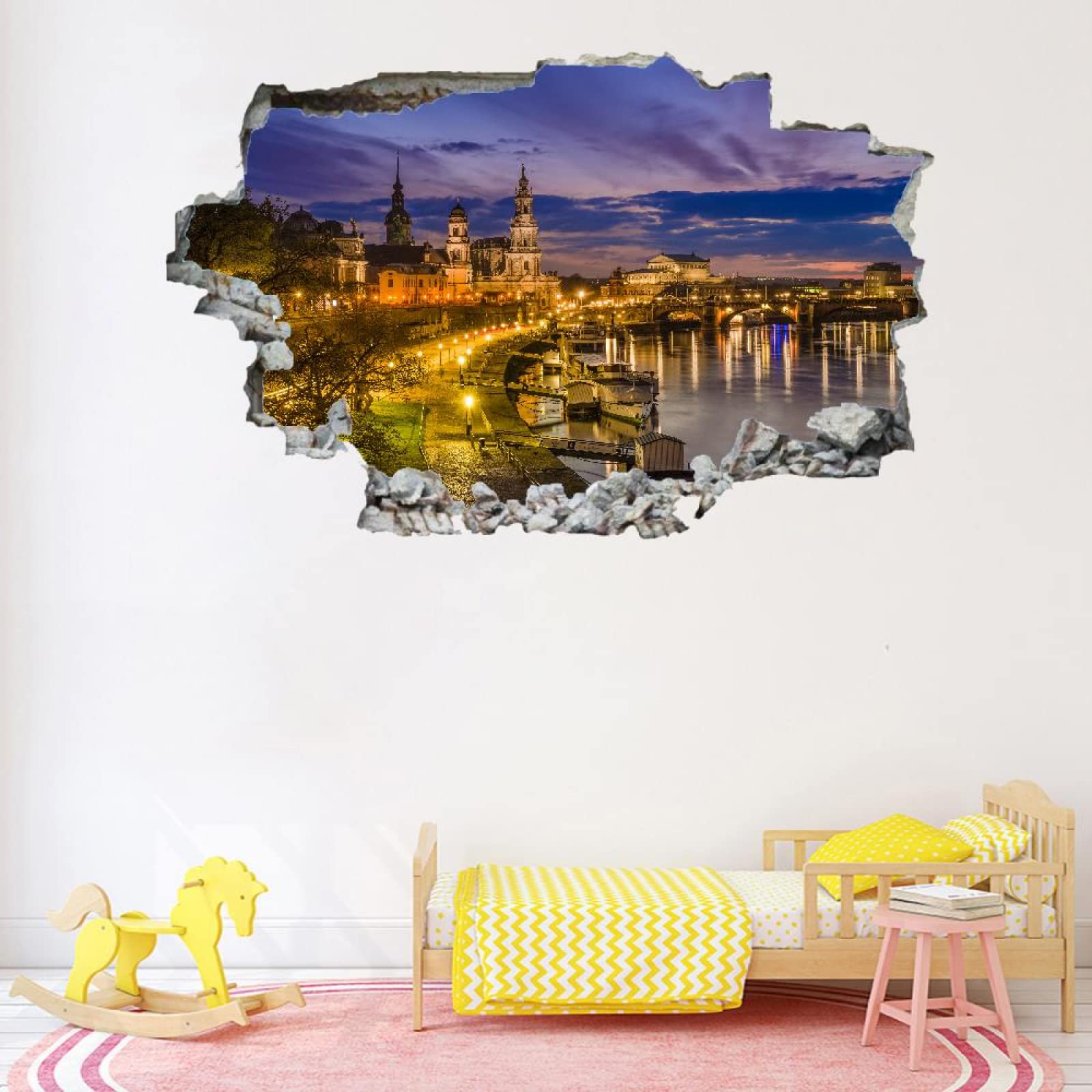 Himmel 3D Durchbruch Wandtattoo Mädchen Kinderzimmer Stadtnacht Wandaufkleber Dekorative Modern Wandsticker Vinyl Wandaufkleber für Junge Teenager Zimmer Wohnzimmer Schlafzimmer Wandbilder Deko