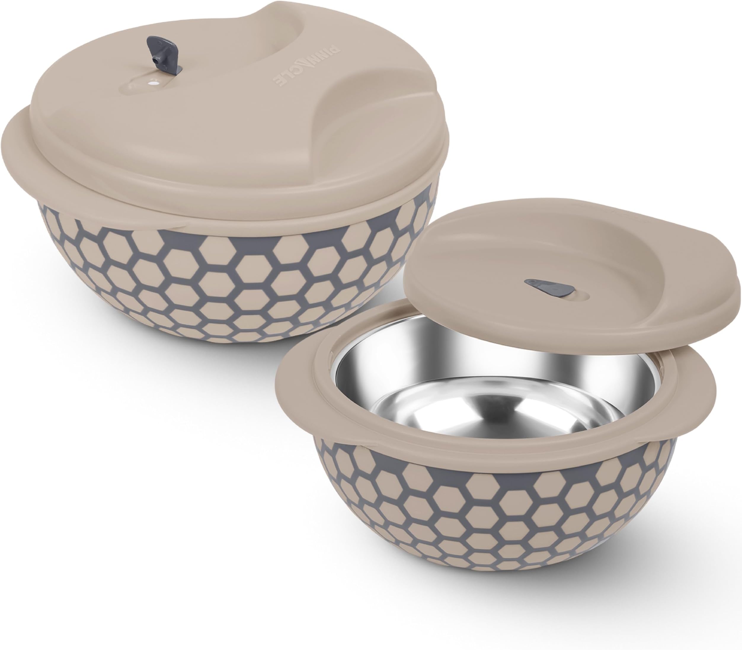 Pinnacle's Pace Casserole Set of 2 (1000 + 2000 ML) - Microwave Safe Casserole |Inner Stainless Steel casserole Set Vacuum Release Knob |Dishwasher Safe | BPA Free (Clay Beige)