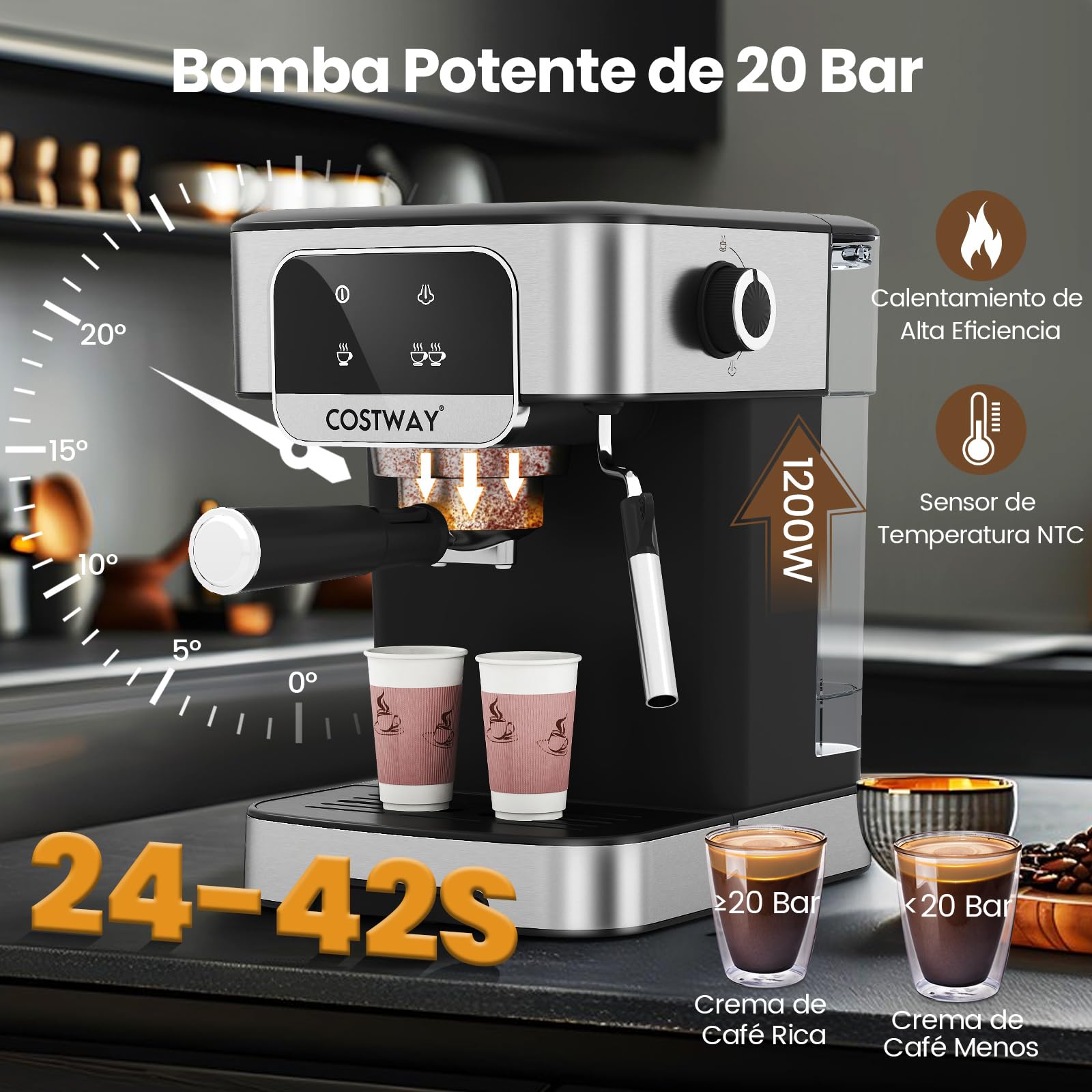 COSTWAY Cafetera Espresso 1200w, Presión de 20 Bares, Maquina de Cafe con Depósito de Agua Extraíble de 1,8 L, Espumador de Leche a Vapor, Coffee Machine para Baristas Cappuccino Macchiato