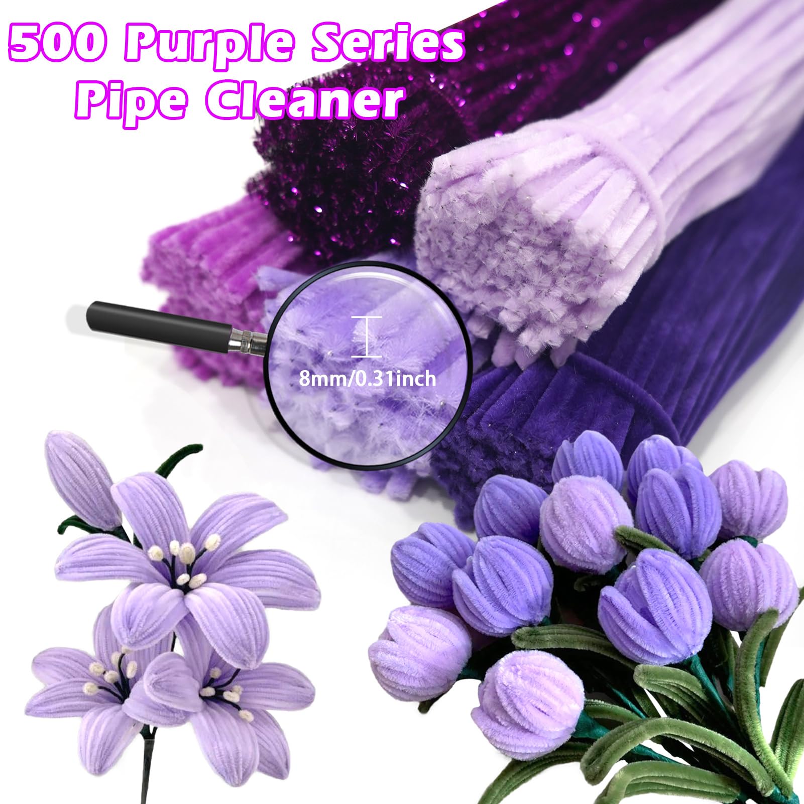 Lot de 500 cure-pipes violets, 5 couleurs assorties pour travaux manuels, cure-pipes d'Halloween, tiges pelucheuses en chenille pour loisirs créatifs, projets créatifs