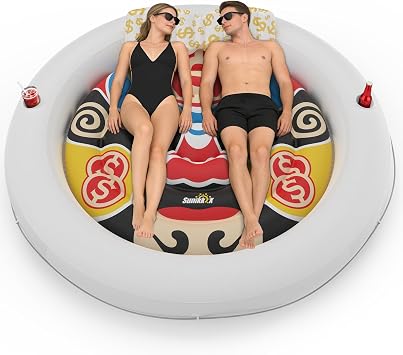 Sunikko X 73"x73" Inflatable Tanning Pool Floats Lounger Bed for Adults, Lucky Design XL Round Blow Up Pool Raft with Cup Holders, Pillow, 500lb, Sunbathing, Pool, Beach, Lake, Backyard Party