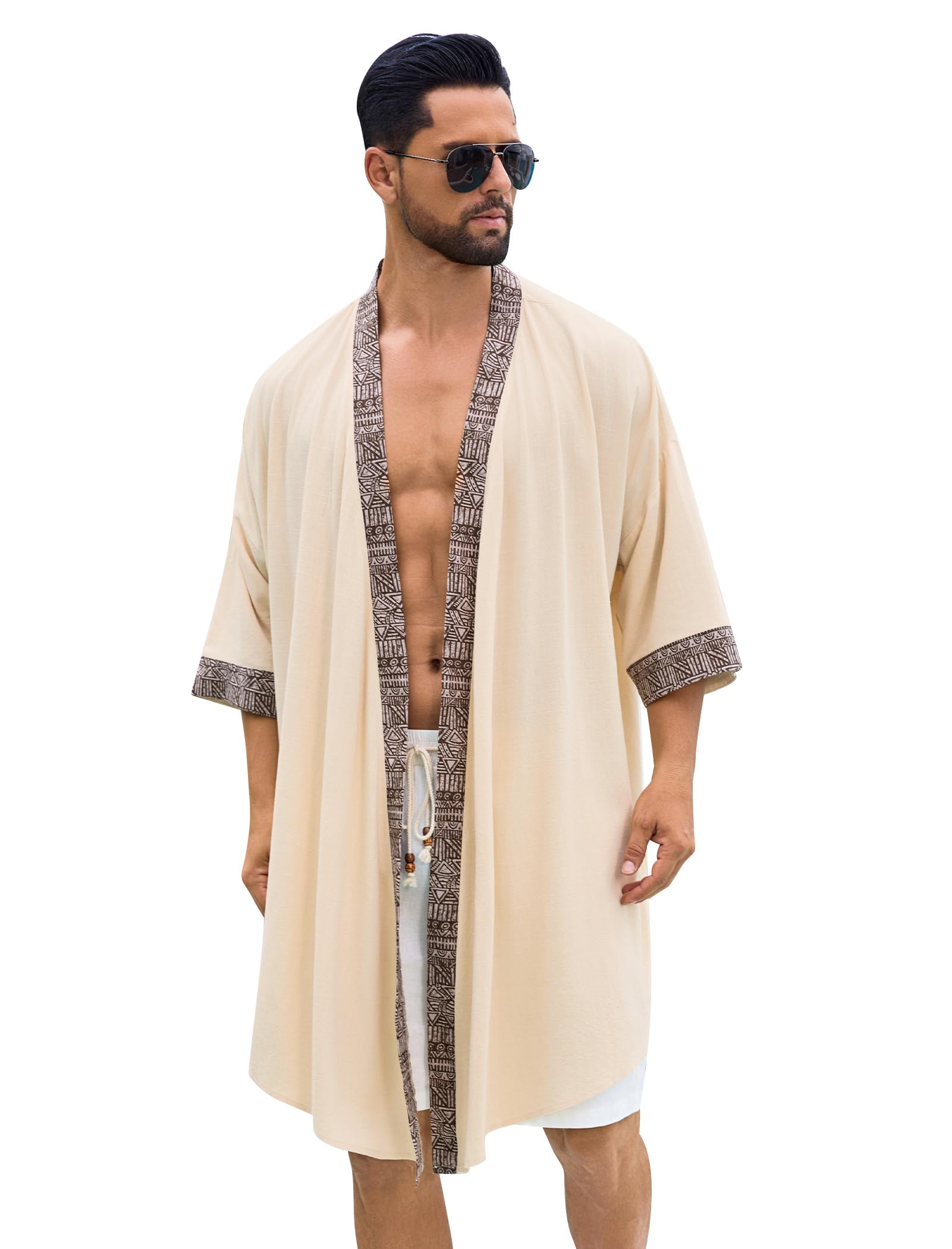 ODIZLI Men's Kimono Cardigan Open Front- Geometric Trim Lightweight Boho Robe for Beach Pool Spa Vacation