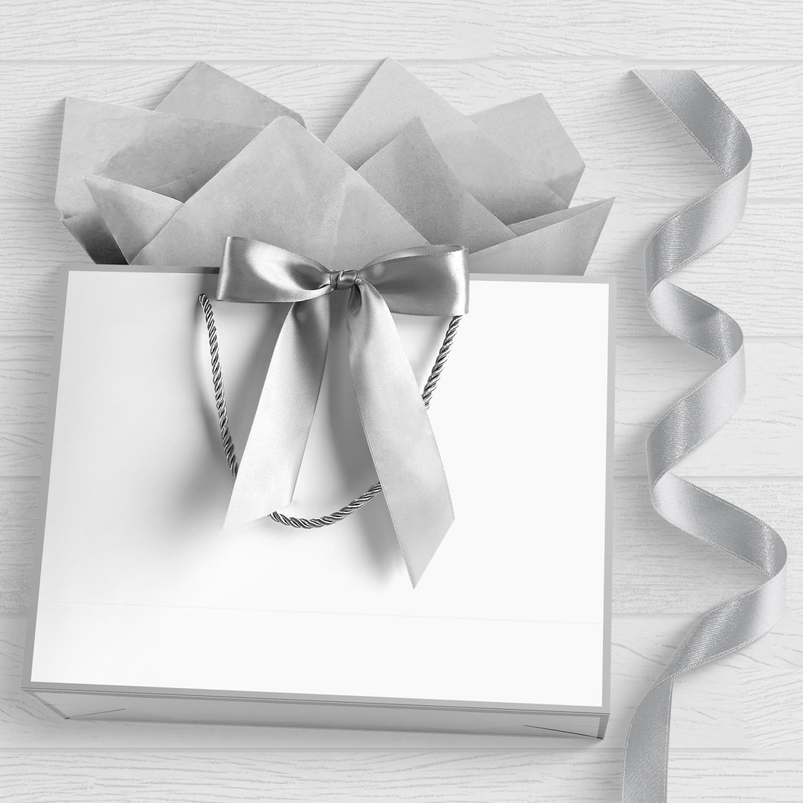 JMANNI Gift Bags with Handles, 13” Medium Gift Bag for Presents, 1 Pcs Bags with 2 Tissue Paper and 1 Cards for Baby Shower Wedding Bridal Shower Mother's Day Birthday Party (Silver)