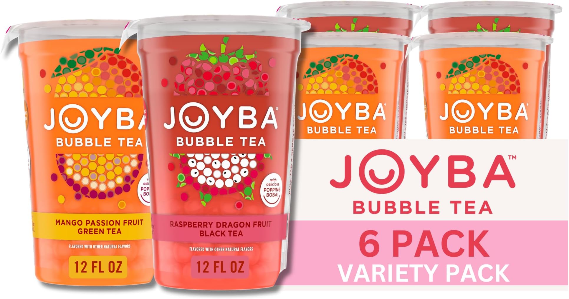 Joyba Bubble Tea Variety Pack, Mango Passion Fruit Green Tea & Raspberry Dragonfruit Black Tea with Popping Boba, 6 Pack, 12 fl. oz. Cups