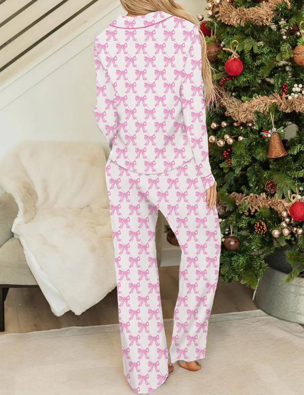 Ecosunny Christmas Santa Pajama Set Women's Long Sleeve Sleepwear Soft Loungewear Two Piece Button Down Pjs Lounge Set - Image 5
