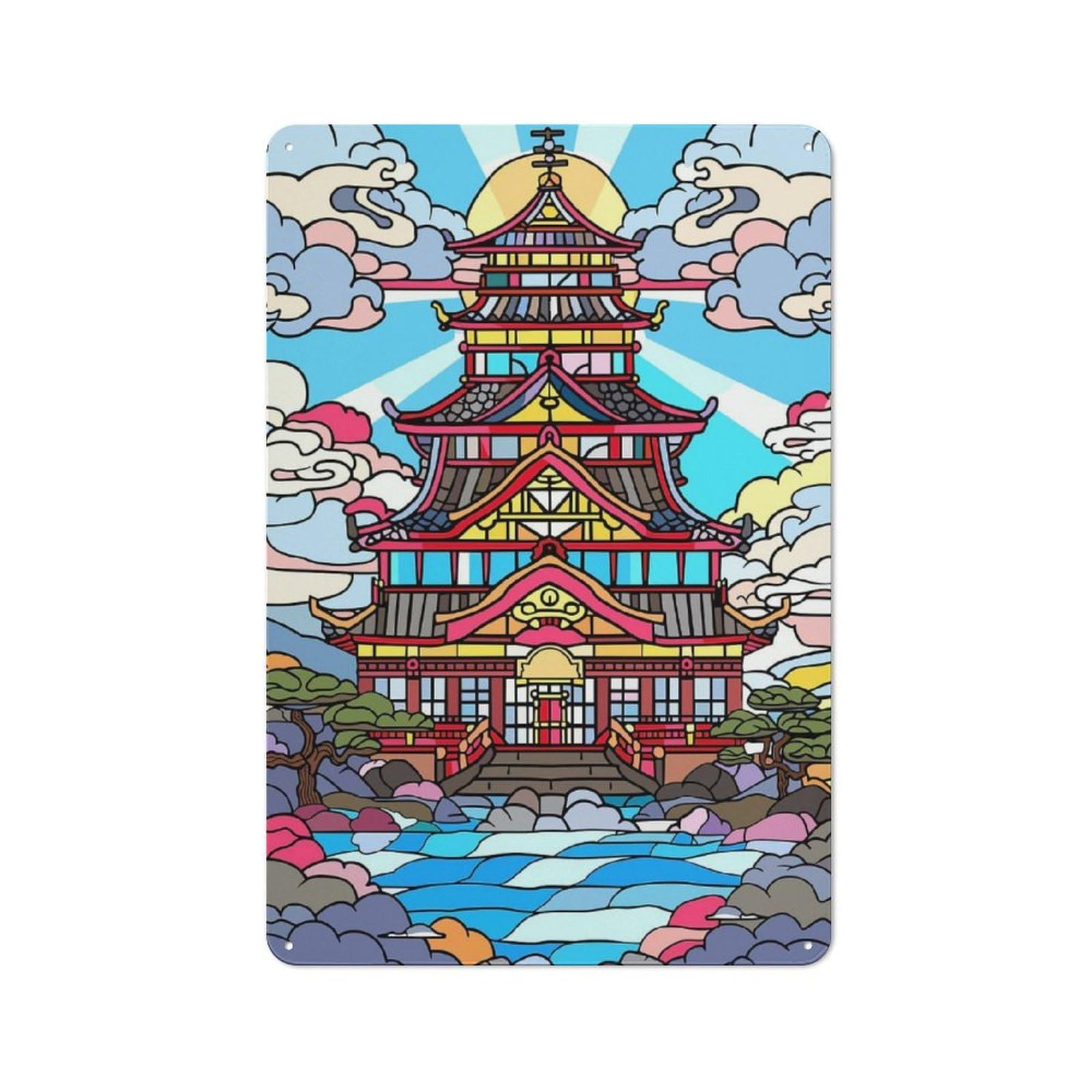 Junmoney Style-1 Vibrant Japanese Pagoda By The Water Rustic Metal Wall Sign 30X20cm For Workshop Wall, Suited To Makers And Diy Enthusiasts