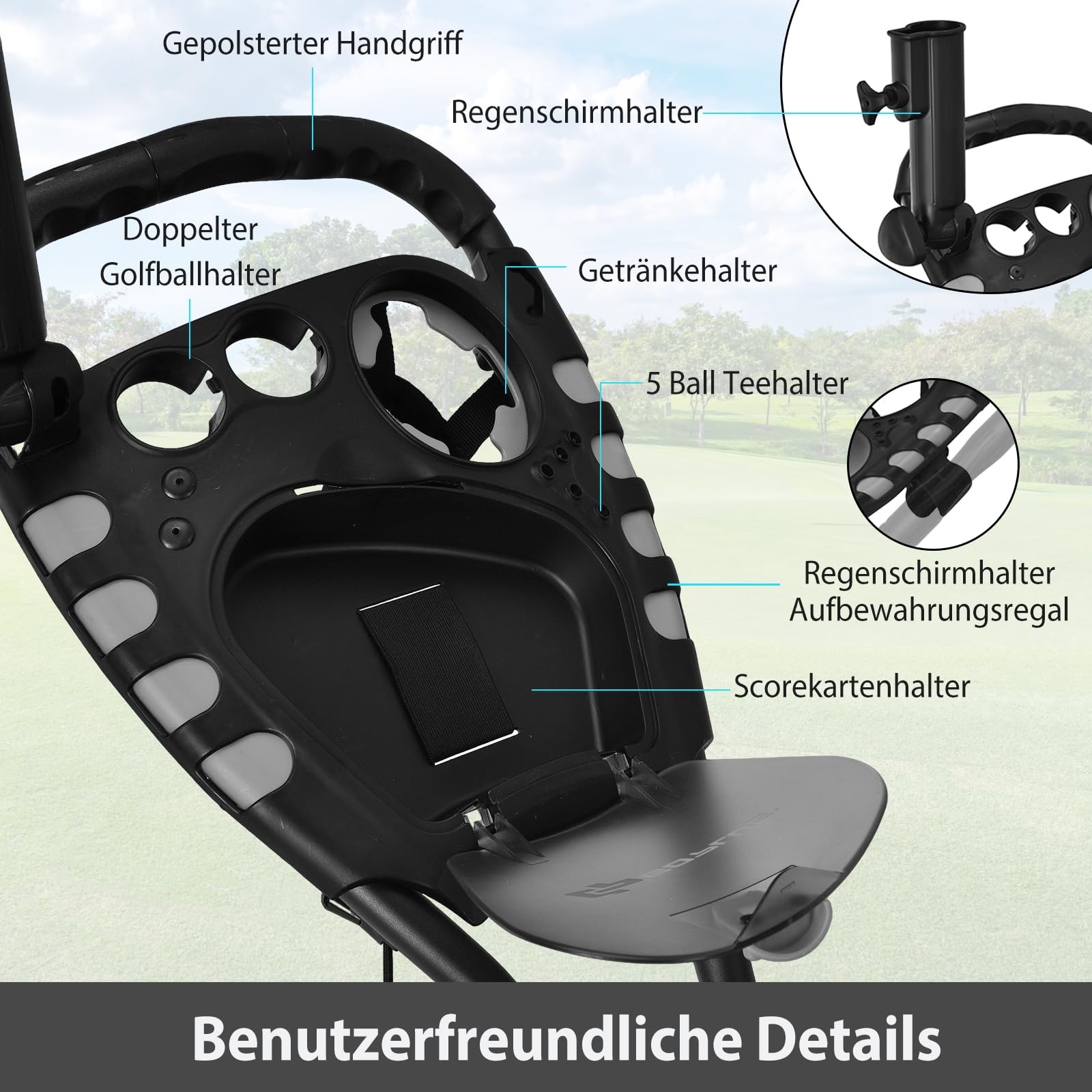 COSTWAY Golf Trolley, 4 Rad Golftrolley, Golfwagen klappbar, Golfcaddy aus Aluminum, Golfcaddy mit Schirmhalter, T-Stückhalterung und Aufbewahrungstasche (Grau)