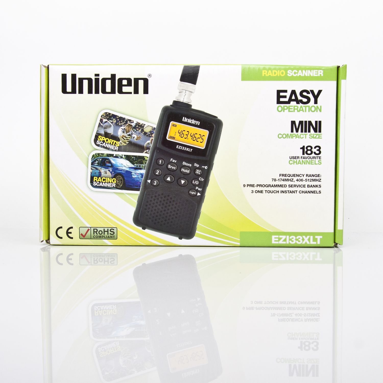 Uniden EZI33XLT compact radio scanner / Hand-held / Frequency bands: VHF-L FM Airband VHF-H UHF/ Work time: up to 24 h / 180 frequencies / by SpyShop