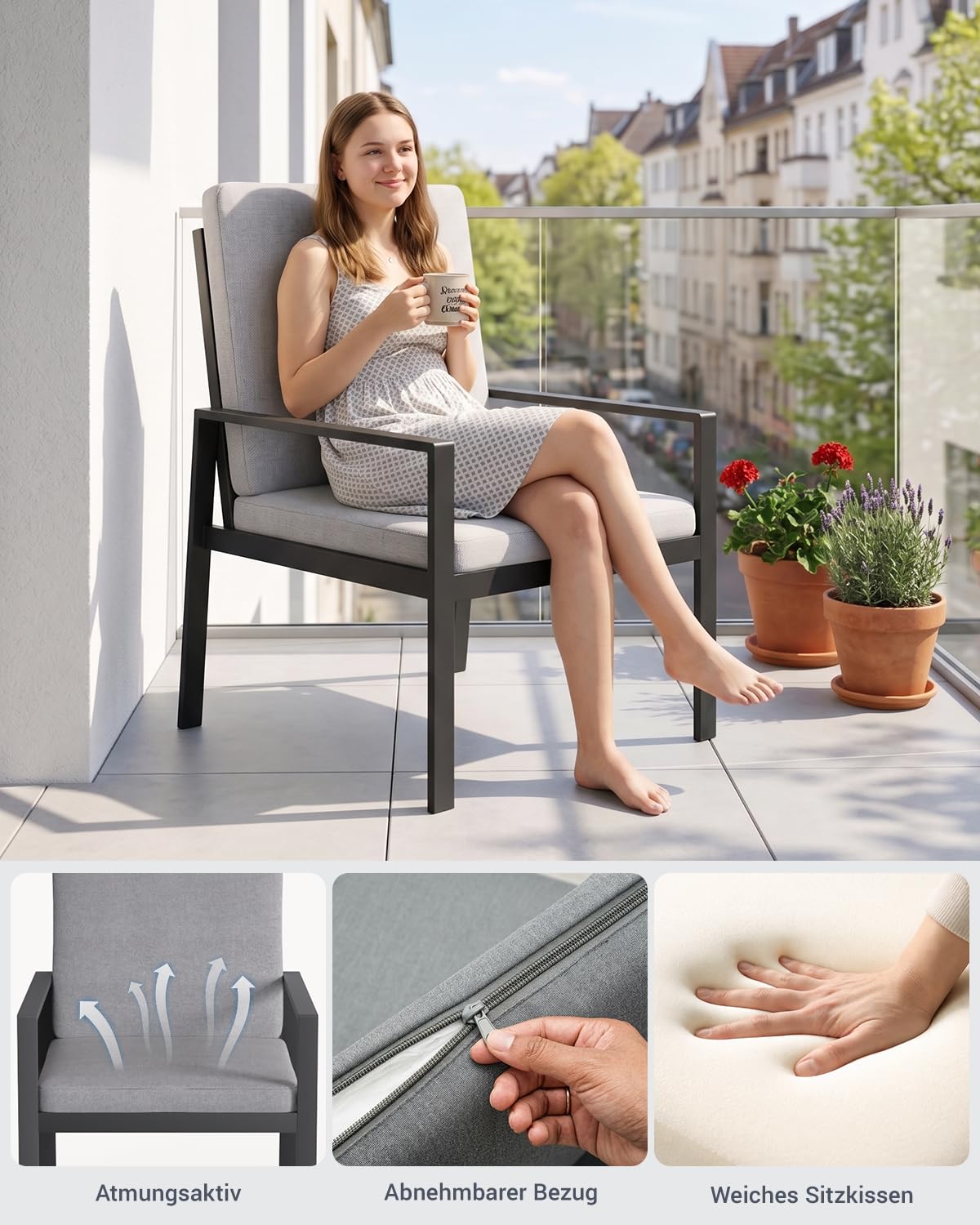 Atenza Gartenmöbel Set 5-teilig wetterfest, Tisch 140x80 cm, 4 Stühle | Rostfreies Aluminiumgestell, WPC-Tischplatte, breite Sitz- und Rückenkissen, Outdoor Essgruppe für Terrasse & Garten