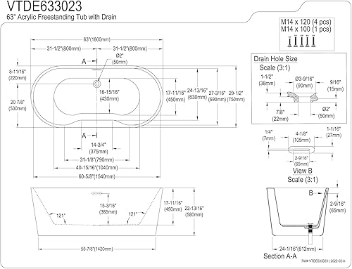 Miniatura 7 de Kingston Brass VTDE633023 Aqua Eden - Tina independiente acrílica de 63 pulgadas con drenaje, color blanco brillante