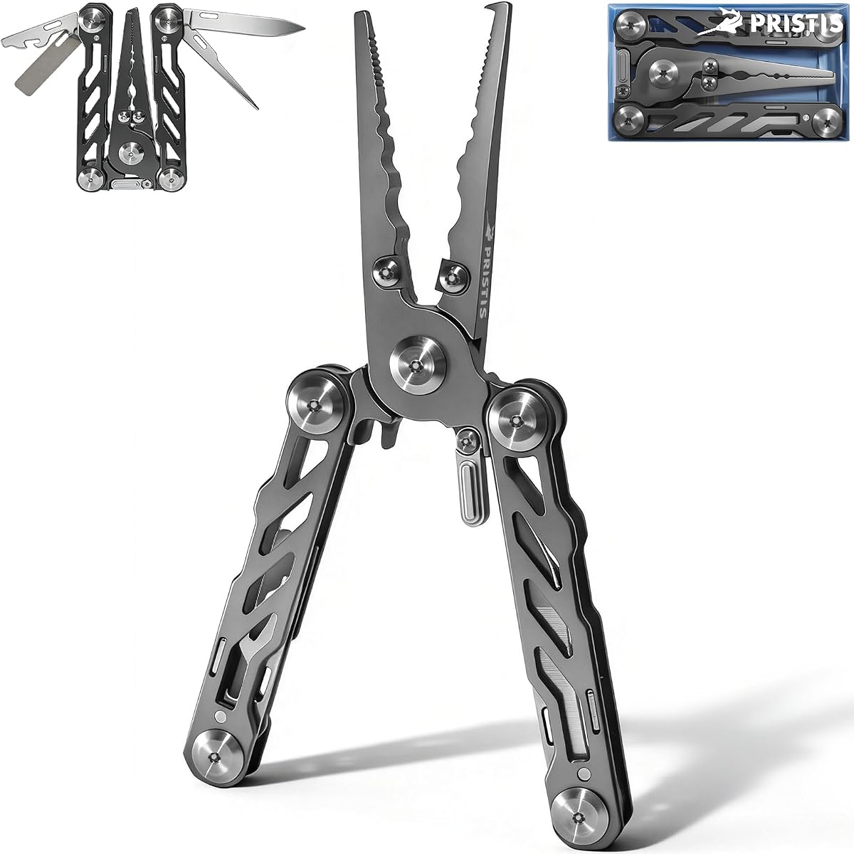 Pristis Fishing Pliers with Multitools, Titanium Coated Stainless Steel | Foldable Saltwater Resistant Portable Full-size Forceps with Tungsten Line Cutter, Ring Splitter, Hook Remover and Multi Tool