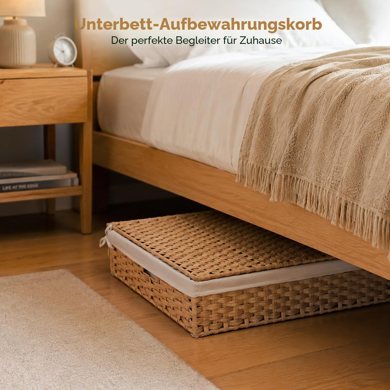 Unterbett Aufbewahrungsbox (Natur - PE-Rattan, Mit Deckel) | Großer handgeflochtener Unterbettkorb 78 x 50 x 16 cm mit Metallrahmen für Kleidung, Decken, Spielzeug und Schrank