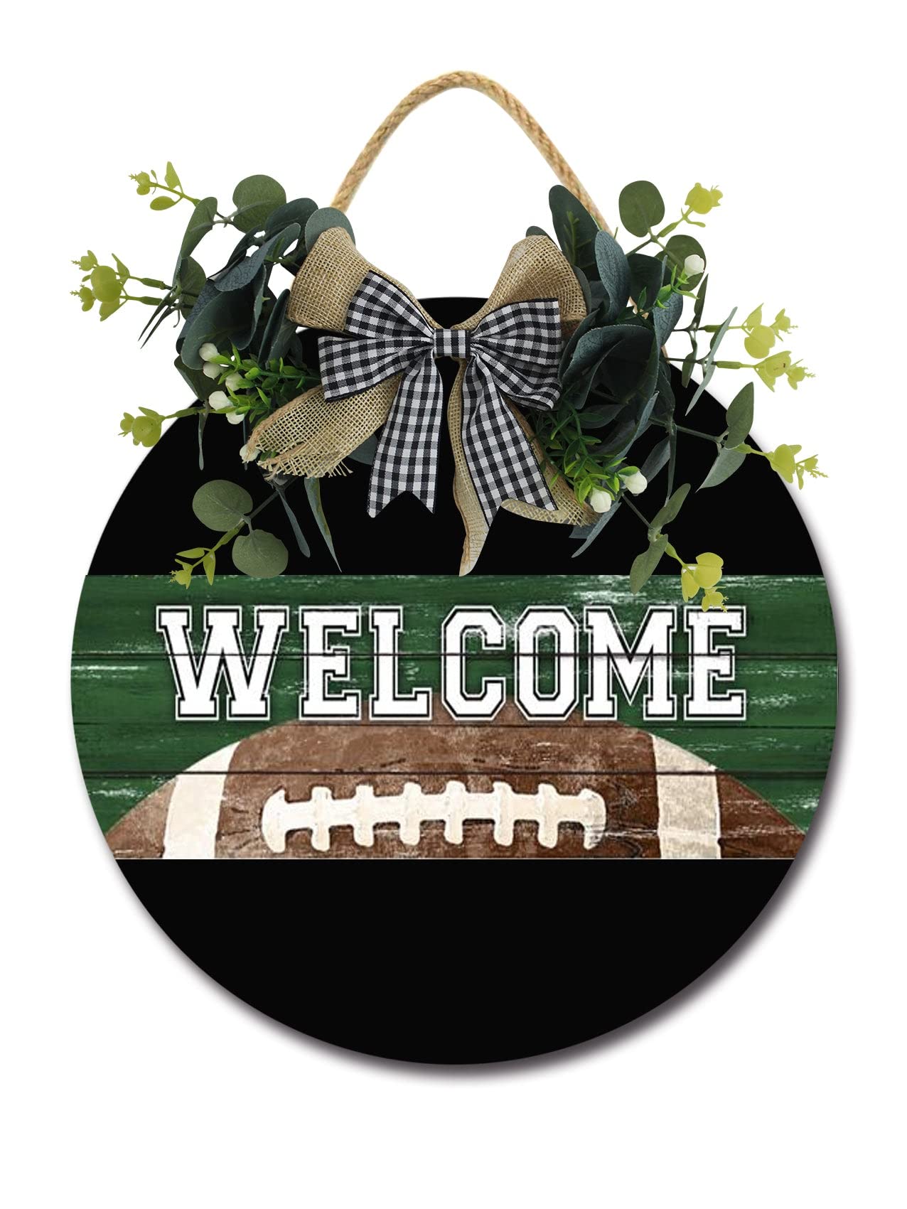 Welcome Football Front Door Sign Funny Wreaths Hanging Wooden Plaque Decoration Round Rustic Wood Farmhouse Porch Decor for Home Front Door Decor, 12 x 12 Inch