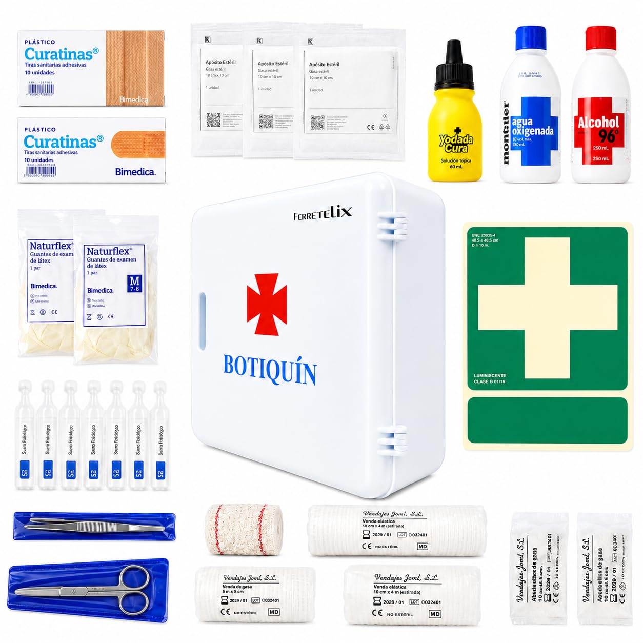 Ferretelix ® Armoire à pharmacie murale complète avec 56 pièces et panneau - Armoire de premiers secours 28 x 25 x 10 cm - Kit pour entreprise, bureau, atelier, commerce, école et maison