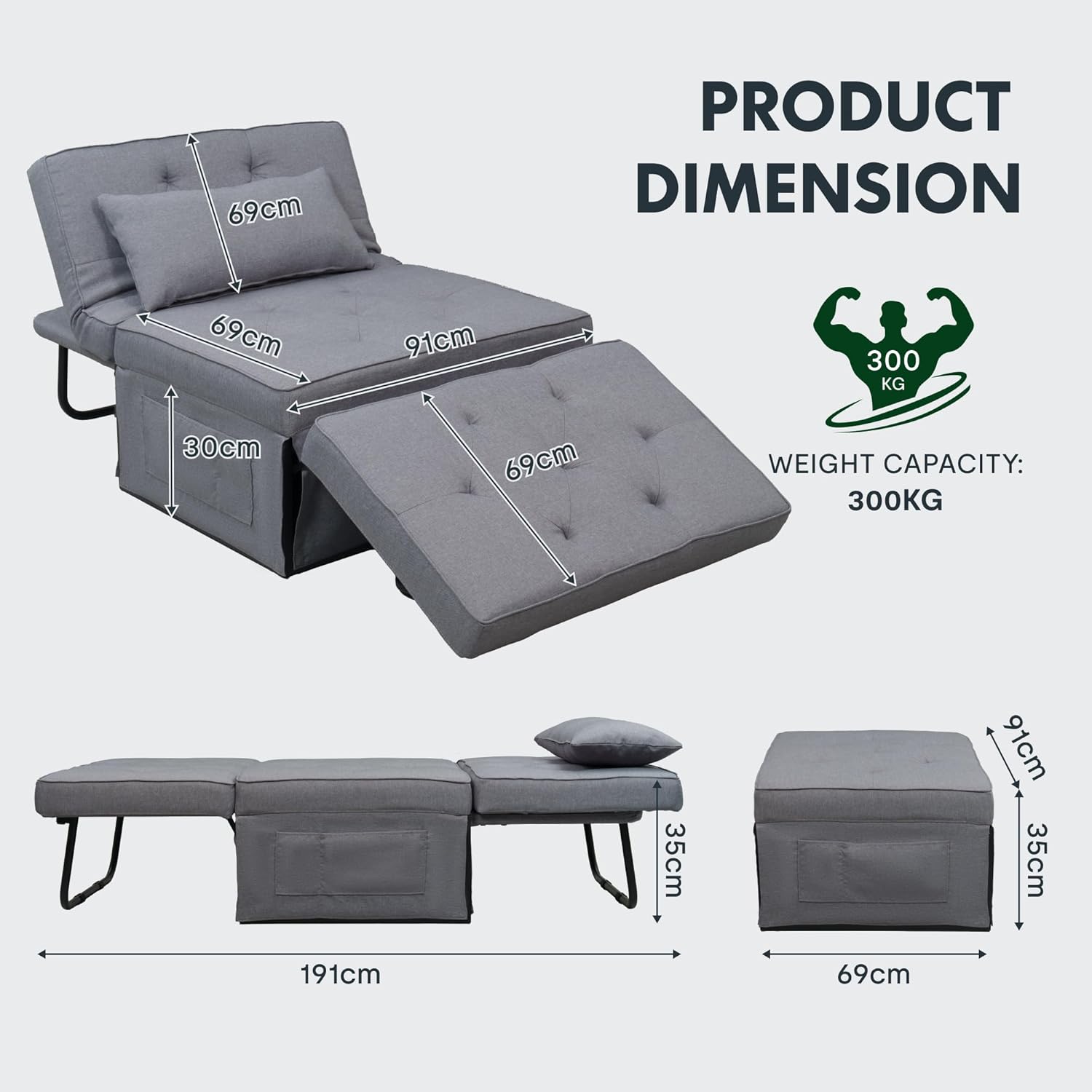 Diagram showing the dimensions of the FLEXISPOT sofa bed in both folded and extended configurations, including a 300kg weight capacity icon.