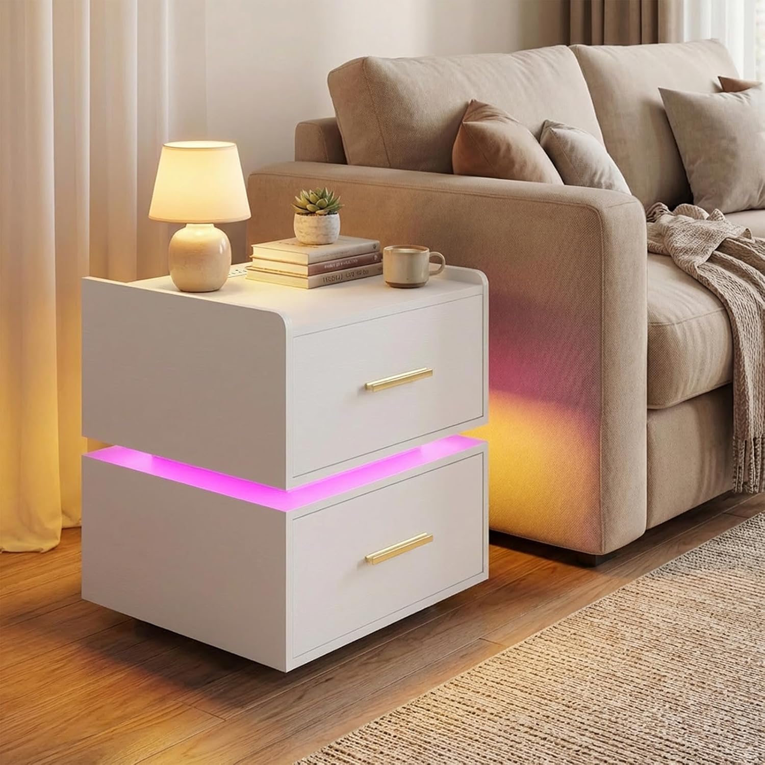 KOMFOTT Nightstand with Charging Station, LED Bedside Table with 2 Storage Drawers, Modern Semi-Floating End Table with Heavy-Duty Metal Base for Bedroom (White,18" x 16" x 19",1)
