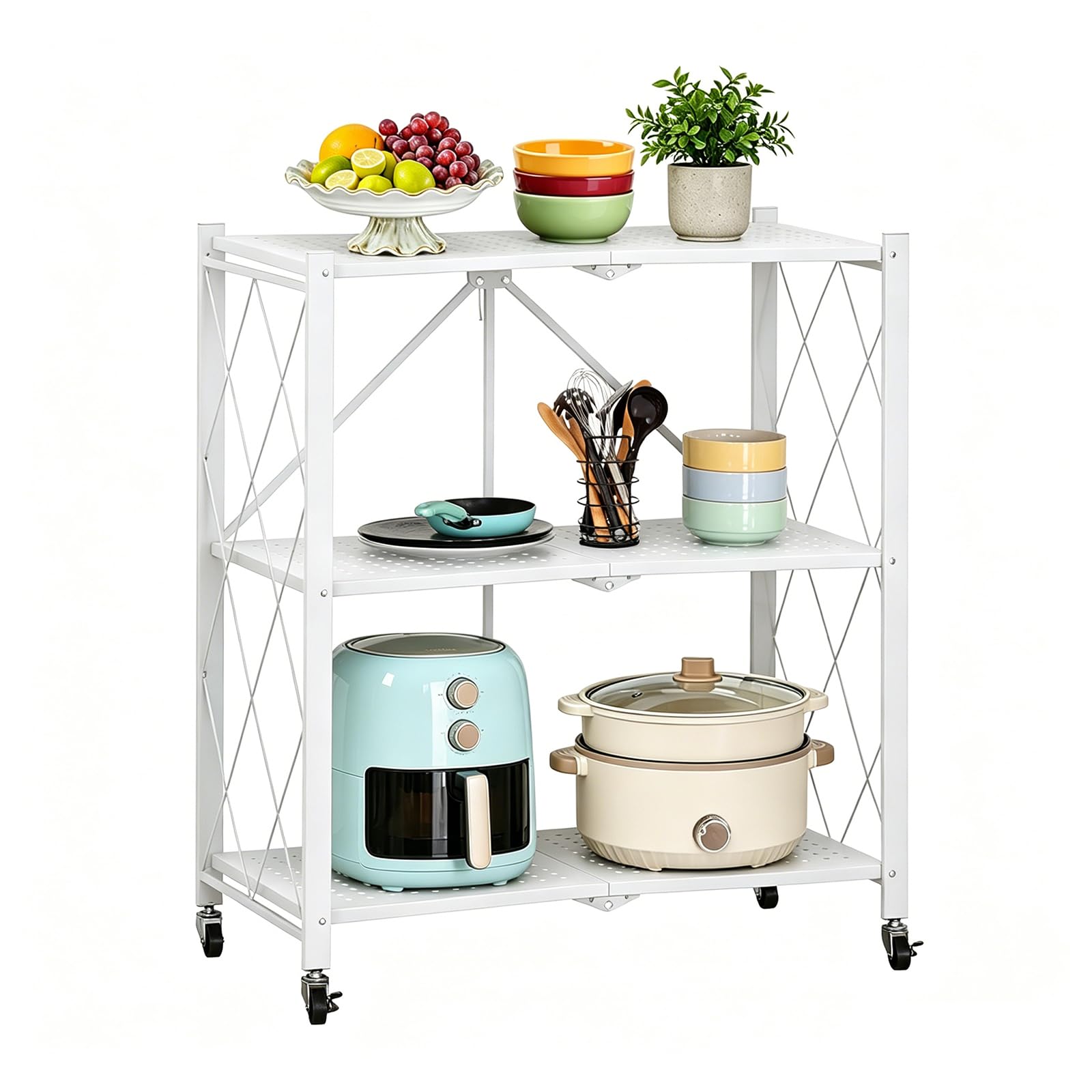 THCTYRP 3-Tier Folding Heavy Duty Shelving Unit with Wheels, Foldable Storage Shelf Trolley, 71.5 x 36.5 x 87 cm Metal Shelf, Foldable Shelf for Kitchen, Office (White)