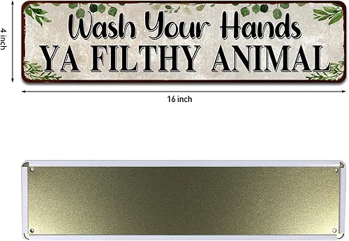 Miniatura 2 de Letrero de animal Wash Your Hands Ya Filthy, divertido arte de pared de baño, placas de hojalata de plantas verdes para cocina, inodoro, decoración