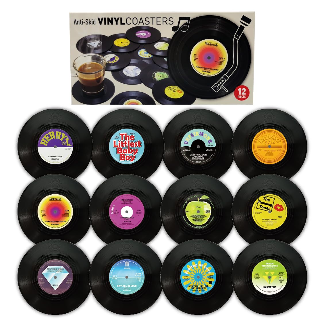 Liberatech M3 Funny Retro Vinyl Record Coasters, Creative Drink Coaster Set Of 12 For Music Lovers, Housewarming Hostess Gifts, Birthday And White Elephant Gifts Ideas (M3)
