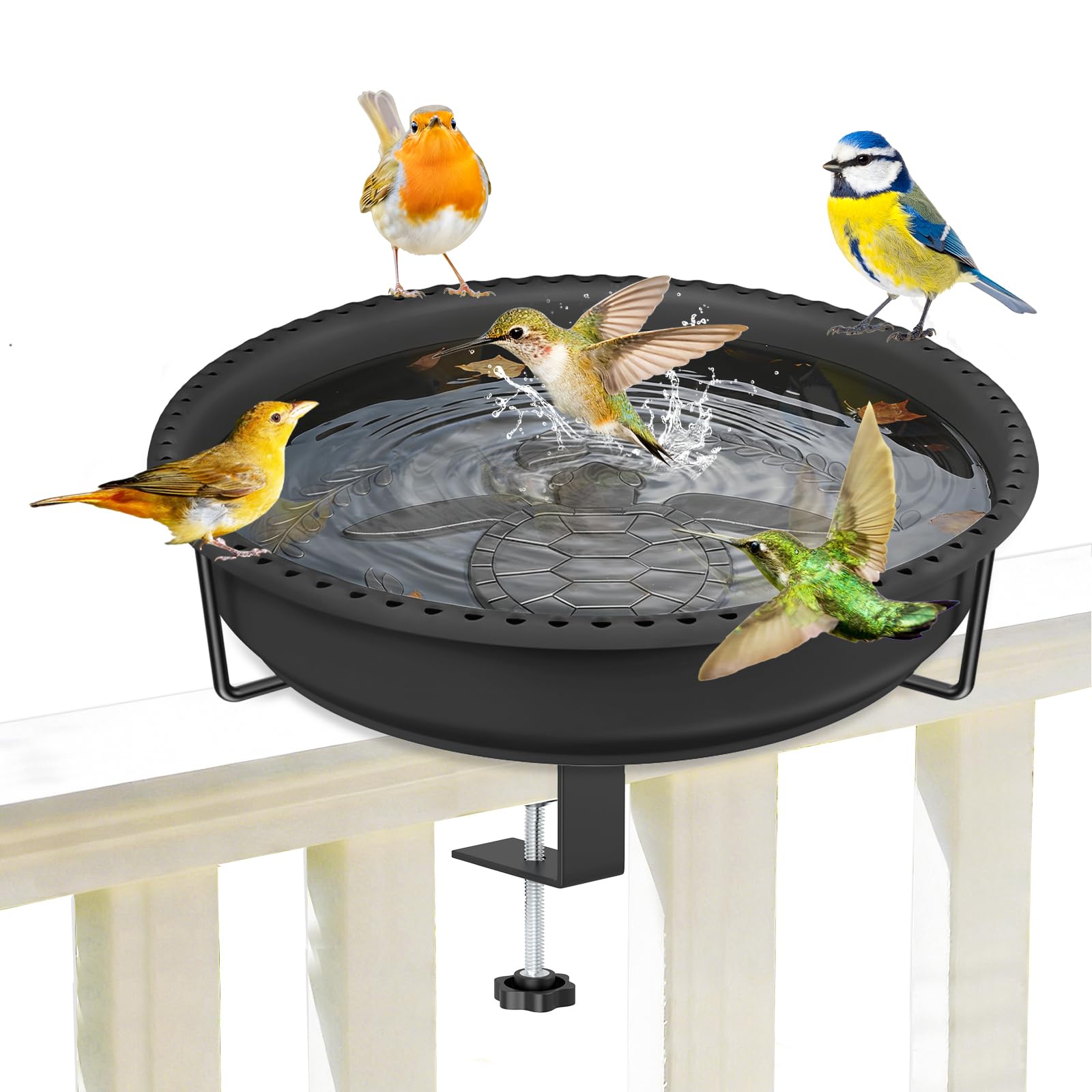 YOADEHOA Bird Baths for Outdoors, Rustproof Metal Clamp Birdbaths & Birdfeeder with Detachable Plastic Basin, Outdoor Bird Feeding & Watering Station for Wild Birds Garden Patio Balcony (Black)