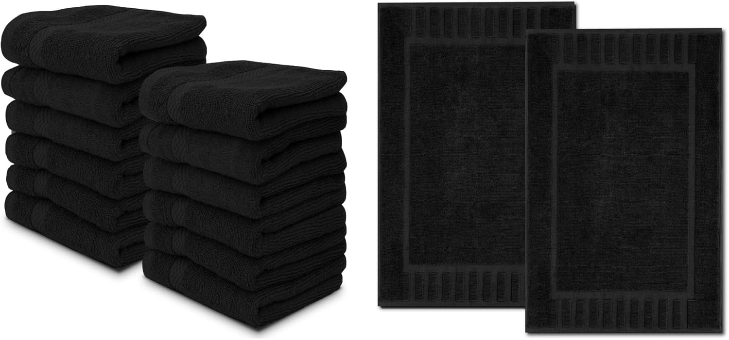 White Classic 12 Luxury Black Washcloths 13 x 13 and 2 Luxury Bath Mats 22 x 34 | Cotton, Highly Absorbent and Quick Dry for Hotels, Spa and Bathroom
