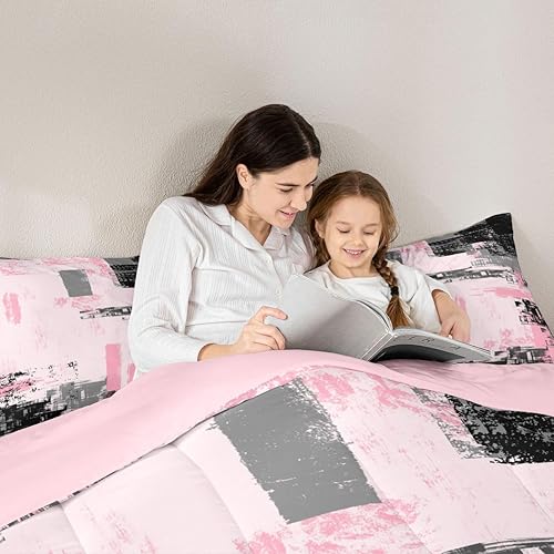 Miniatura 6 de Feelyou Juego de ropa de cama abstracta para niños, juego de edredón moderno de arte abstracto rosa y negro para decoración de habitación de niños,
