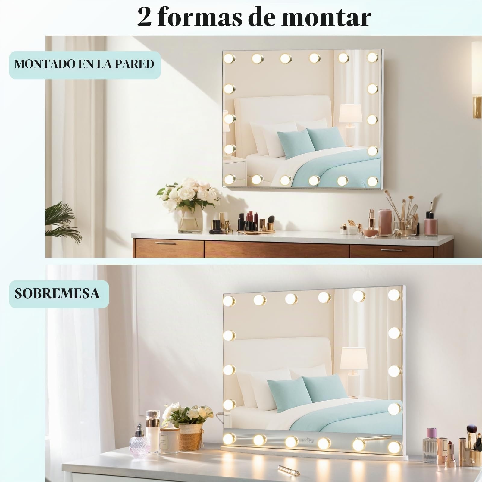 LUXFURNI - Espejo de cambiador de Hollywood de 26 x 21 pulgadas con luces, 18 bombillas LED con iluminación, espejo de maquillaje iluminado de 3 colores, mesa y montaje en pared, espejo de aumento de