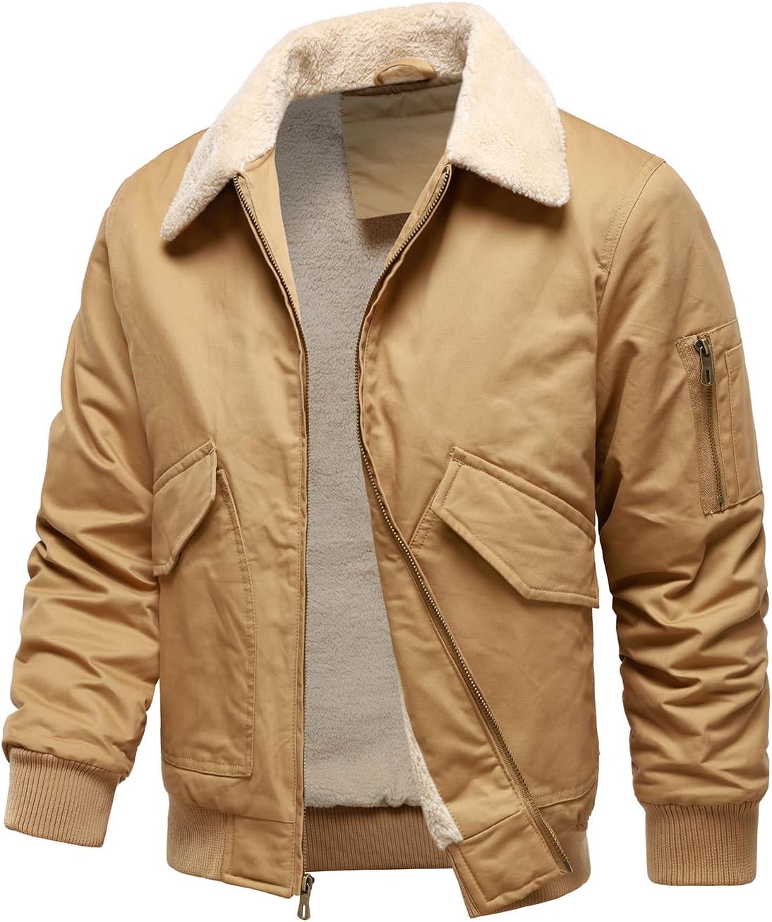 HOOD CREW Mens Winter Jackets Fleece Lined Bomber Jacket Casual Cotton Lightweight Coats with Fur Collar - Image 2