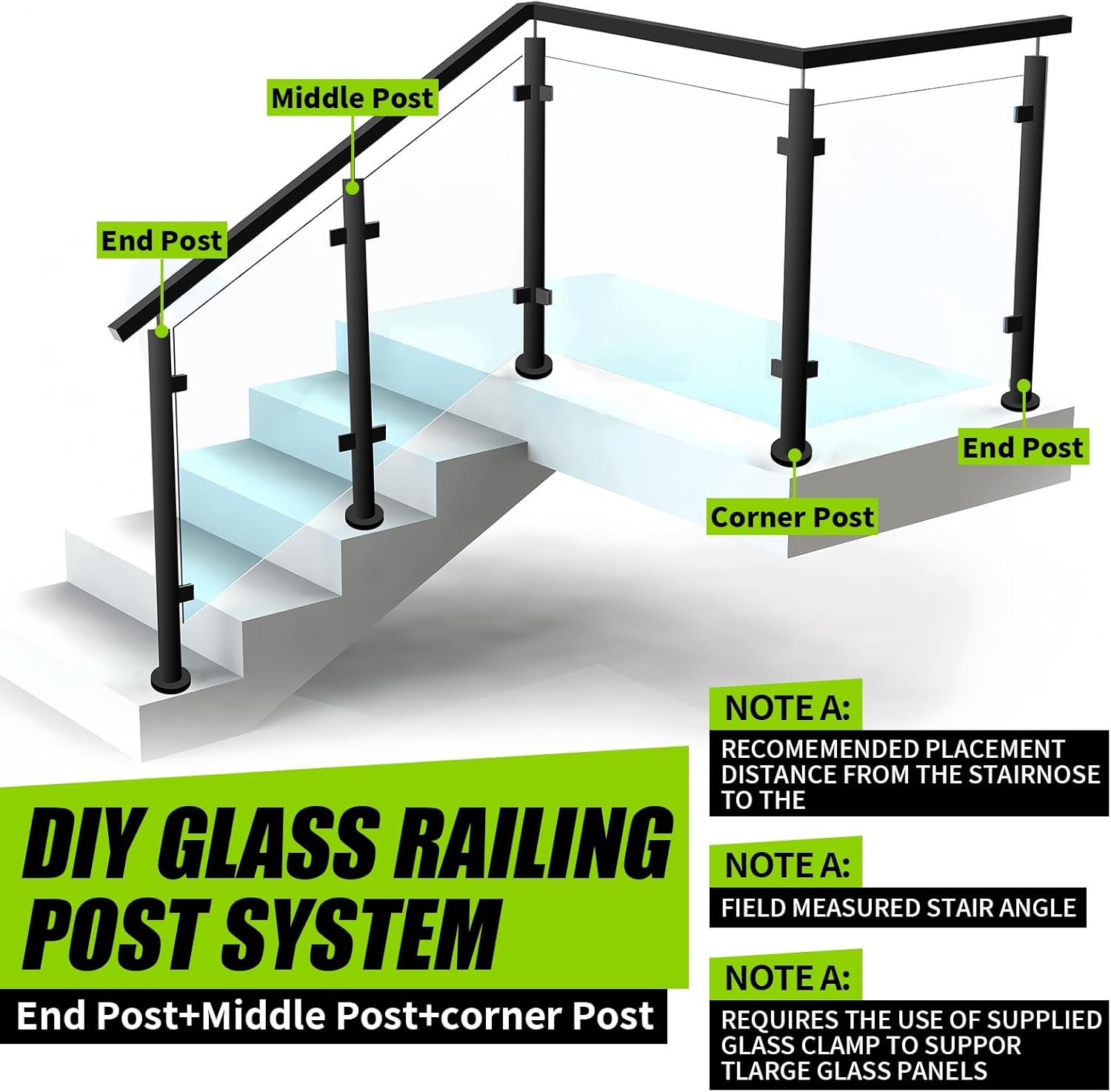 Condition photo showing New/Like New for 43.5" round glass railing corner post,304 stainless steel glass balustrade post system with clamp for indoors & outdoors deck,balcony,attic,staircase (black)… 43.5 inchs corner post