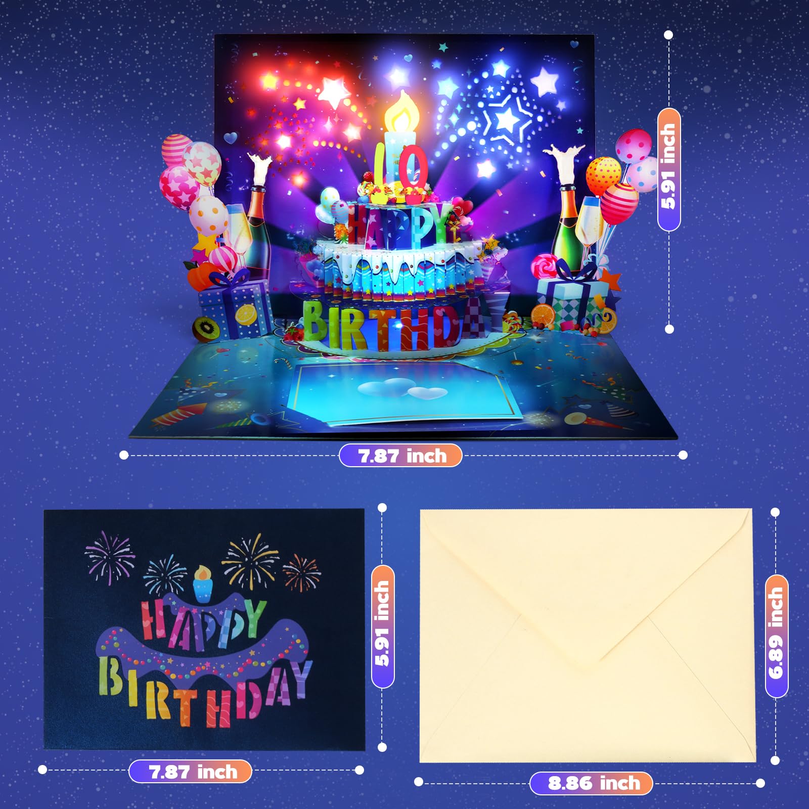 3D Musikalische Geburtstagskarte mit blasbarer LED-Lichtkerze, DIY 0-9 Zahlen, Happy Birthday Pop-Up-Karten mit bunten Feuerwerk-Lichtern, Happy Birthday Song & aufregender Jubelklang, beeindruckende