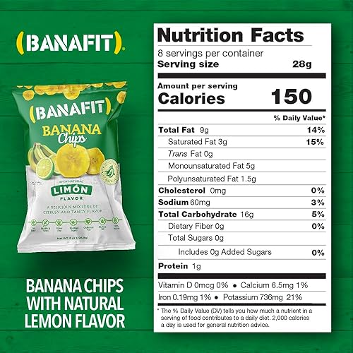 Miniatura 5 de Banafit Chips de plátano natural Limon de 8 onzas  Paquete de 6. Chips de plátano naturales, a base de plantas, sabor natural a limón, chips de