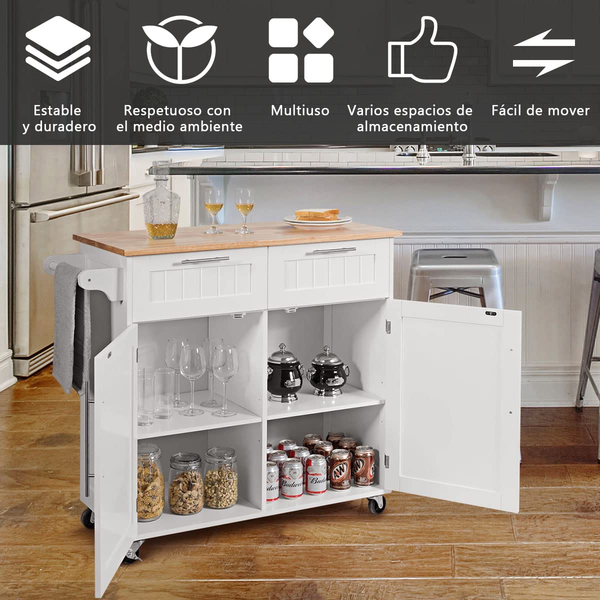 COSTWAY Carrito de Cocina, Carro de Cocina Giratorio con Cajones de Almacenamiento y Grandes Armarios, Carro de Servir, 4 Ruedas Universales y Toallero, 94 x 45 x 94,5cm (Blanco)