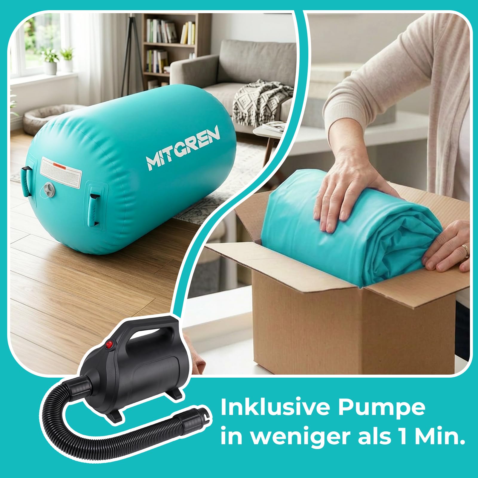 Air Rolle Turnen Aufblasbare Airtrack Roll 100/120cm Gymnastik Luftrollen mit Tragetasche & Pumpe für Yoga Turnmatte