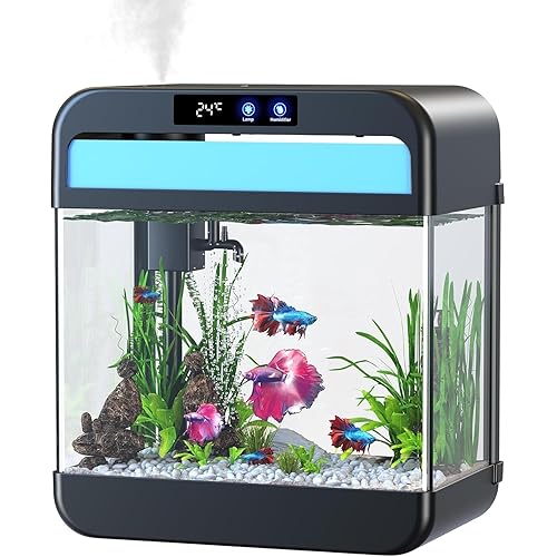 Fish Tank 2.2 Gallon,Small Fish Tanks Kits,Aquarium Fish Tank Starter Kit with 3-in-1 Silent Pump and 7 Color Led Light,with Temperature Display,for Fish,Shrimp,Betta(Black-2.2 Gallon)