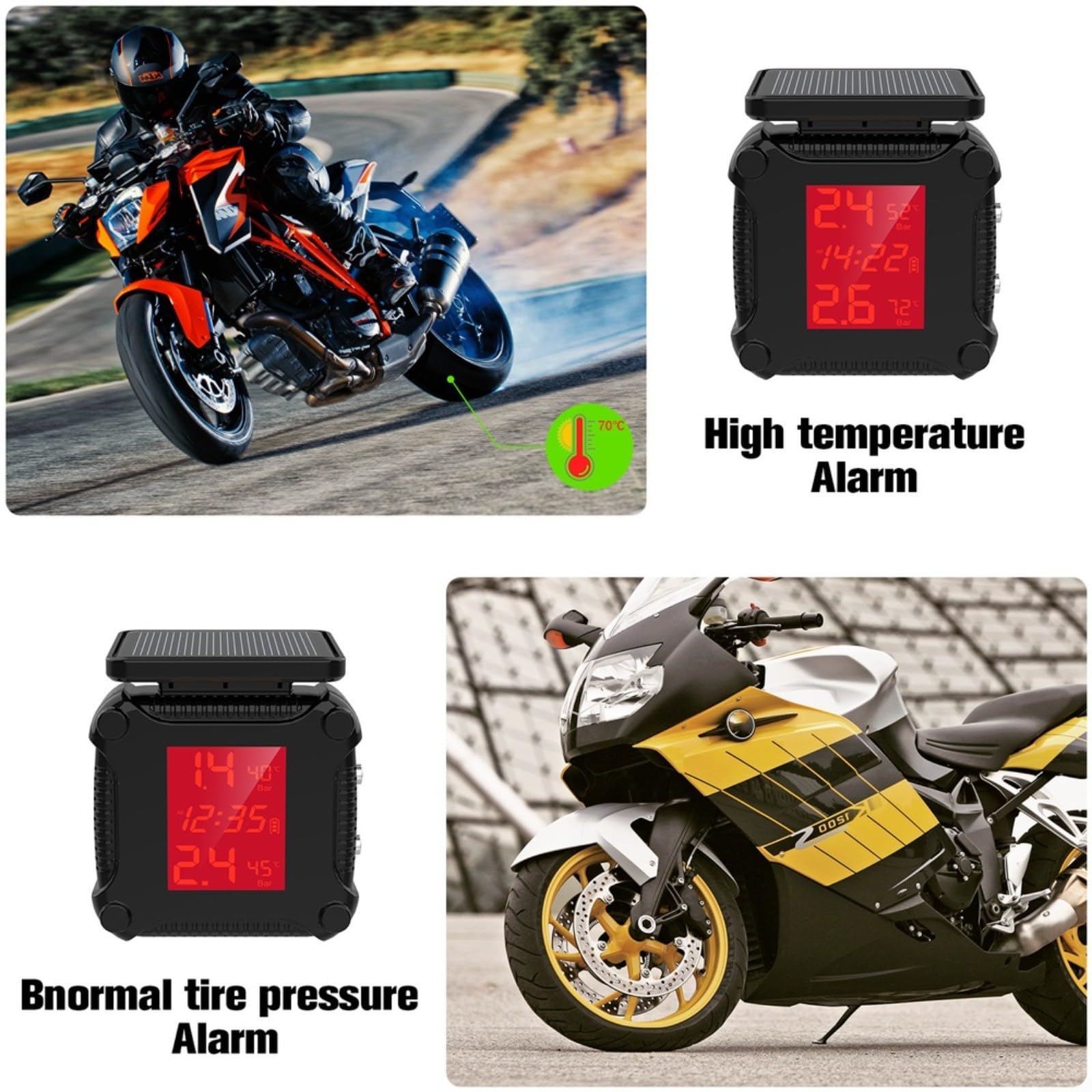 Monitoraggio della pressione dei pneumatici per moto ad energia solare, con schermo a colori, sensore wireless impermeabile IP67 ad alta precisione, per pendolarismo fuoristrada, nero (M8)