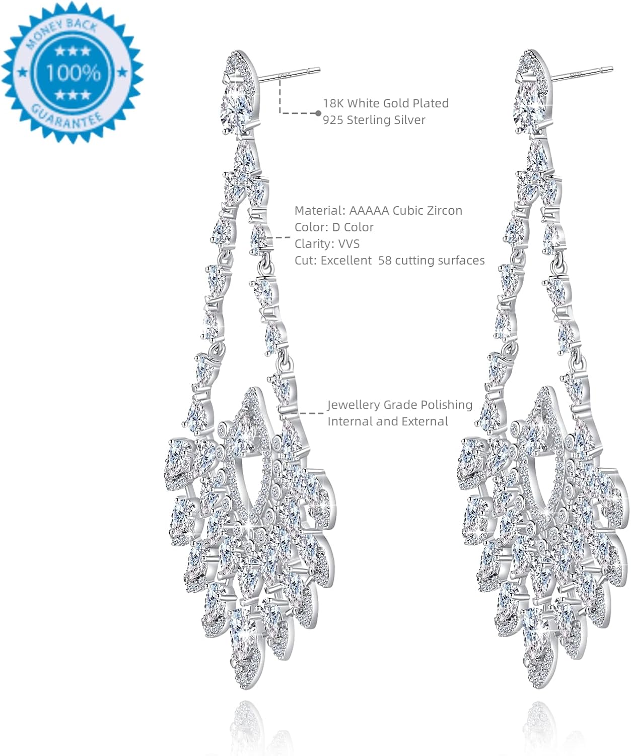 Wedding Earrings for Brides, Silver Earrings for Women, 18K White Gold Plated Sterling Silver Post Cubic Zirconia Dangle Earrings, Clear Crystal Hypoallergenic Chandelier/Tassel Earrings - Image 2