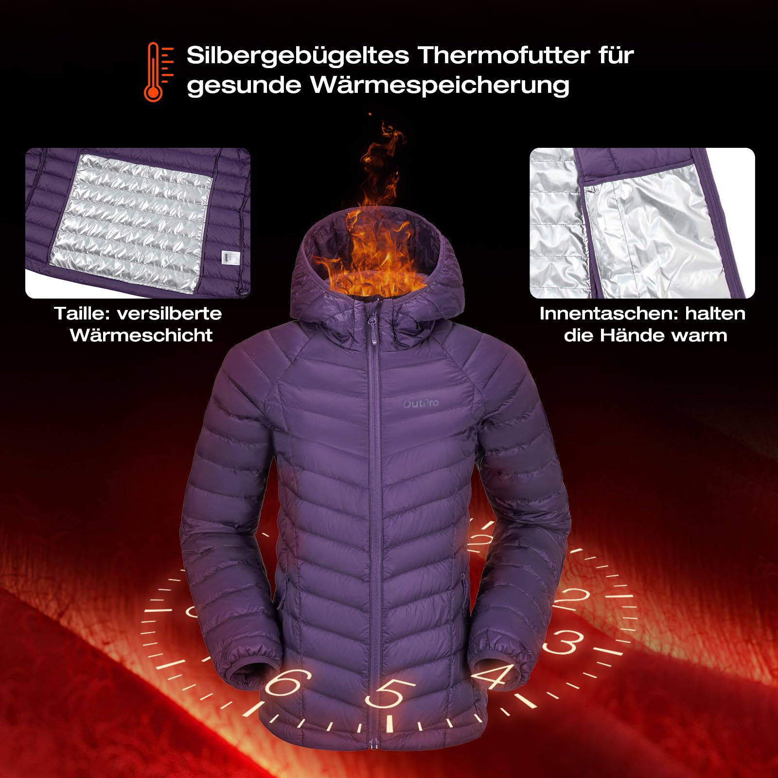OutPro Piumino da donna leggero e avvolgente, giacca invernale calda con cappuccio, per attività all'aria aperta, calda fodera in policotermico con tasche per il tempo libero, le escursioni, i viaggi