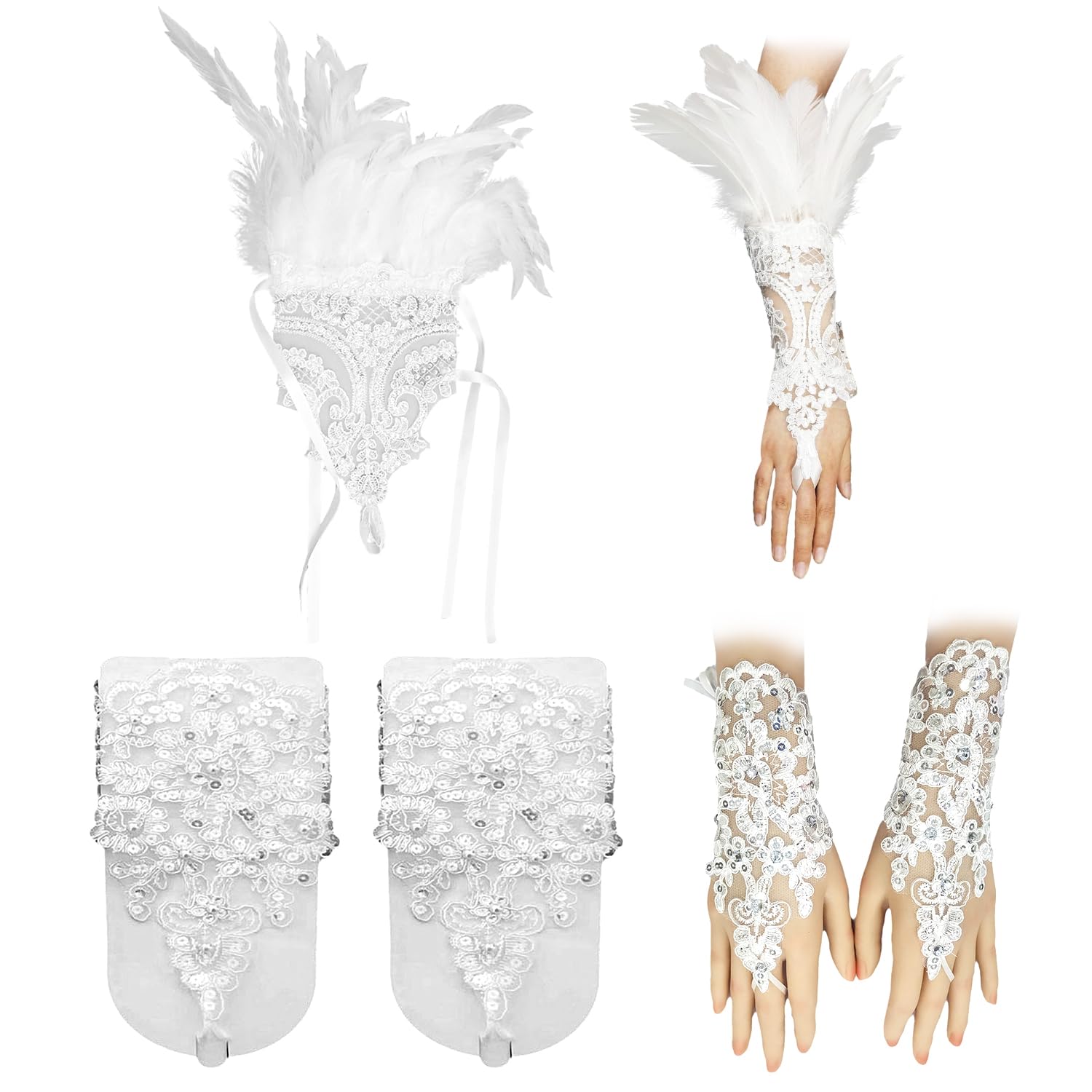 HINFHI 1 Pairs Of Lace Gloves, 1 feather glove，Bridal Gloves, Ele Minimalist Gloves, Dress Accessories, Prom Costume Accessories.