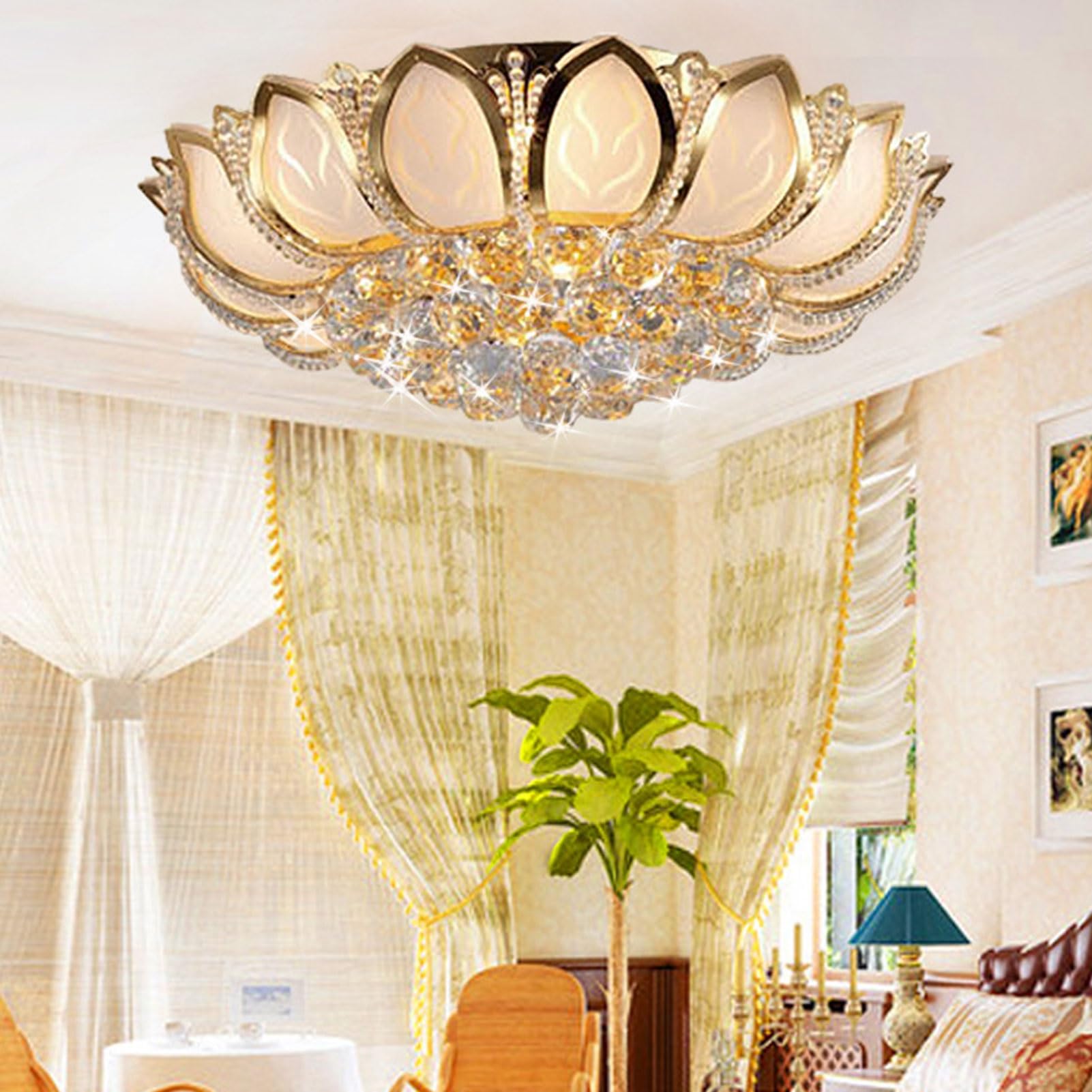 Lampa sufitowa Lotus Crystal – żyrandol wpuszczany w sufit, z pilotem, ze złotymi płatkami LED, do sypialni i jadalni