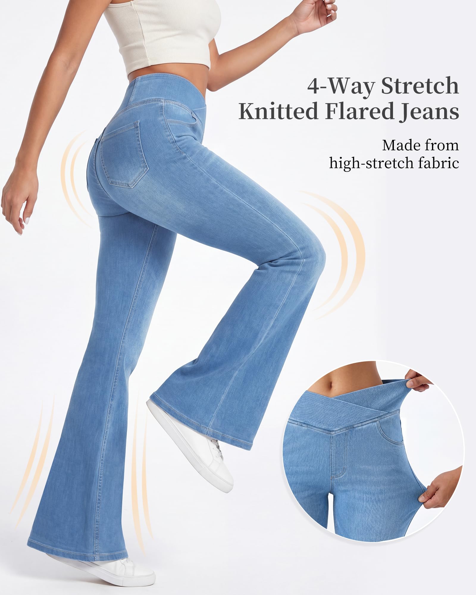 Bootcut Jean pour Femme, col en V, Taille Haute, Pull on Ventre, Skinny, Denim, très élastique, Tissu Doux, Pantalon de Fitness Contrôle du Ventre - avec Poches