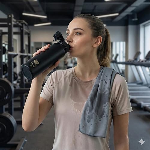 Miniatura 6 de Botella de agua de doble pared aislada de acero inoxidable 304 de grado alimenticio, boca ancha, 33.8 oz (1 litro), tapa a prueba de fugas, sin BPA,