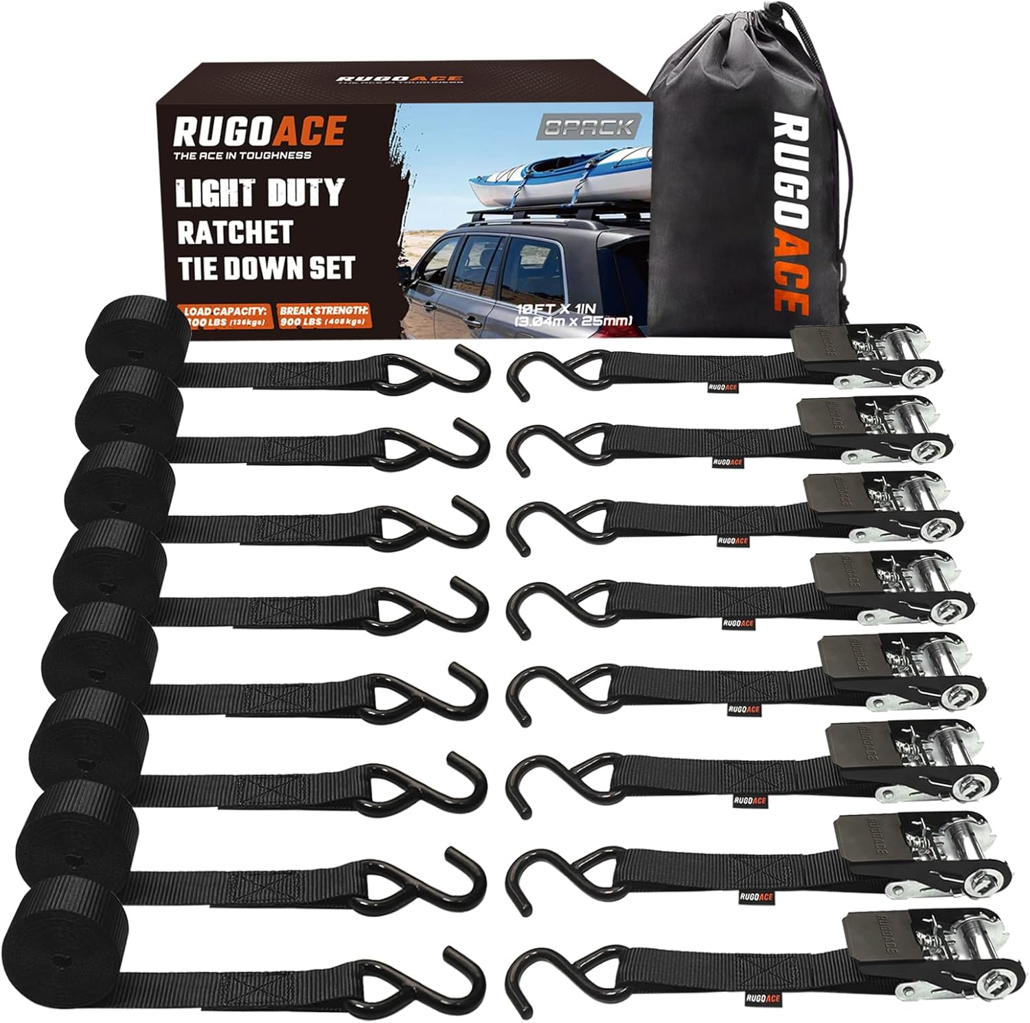 8PK Ratchet Tie Down Straps 1" x 10ft, 300lbs Load Capacity, 900lbs Break Strength, Durable for Moving Appliances, Lawn Equipment, Motorcycles, Cargo Trucks, Trailers & More (Black)