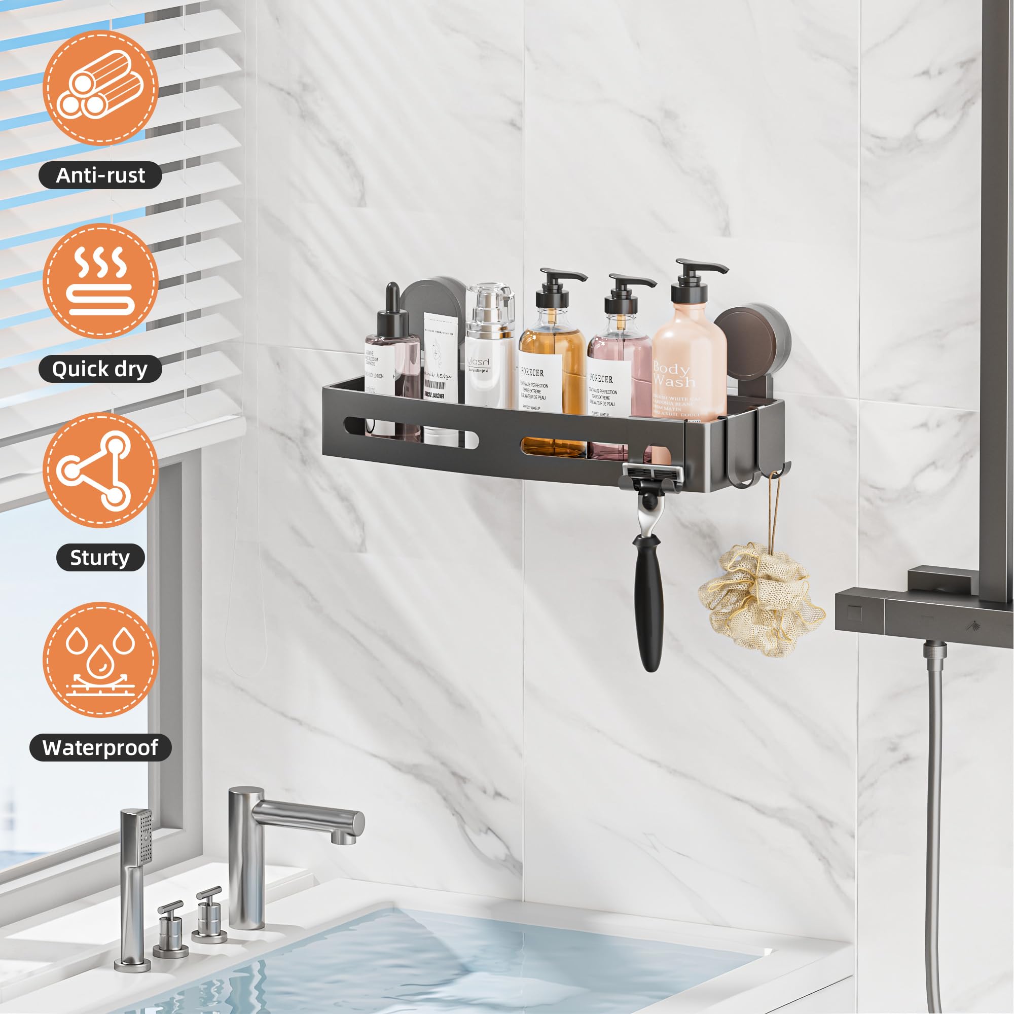 Mensola Doccia Senza Foratura Wisfame, Portasapone Bagno con Ganci, Alluminio Antiruggine Grigio