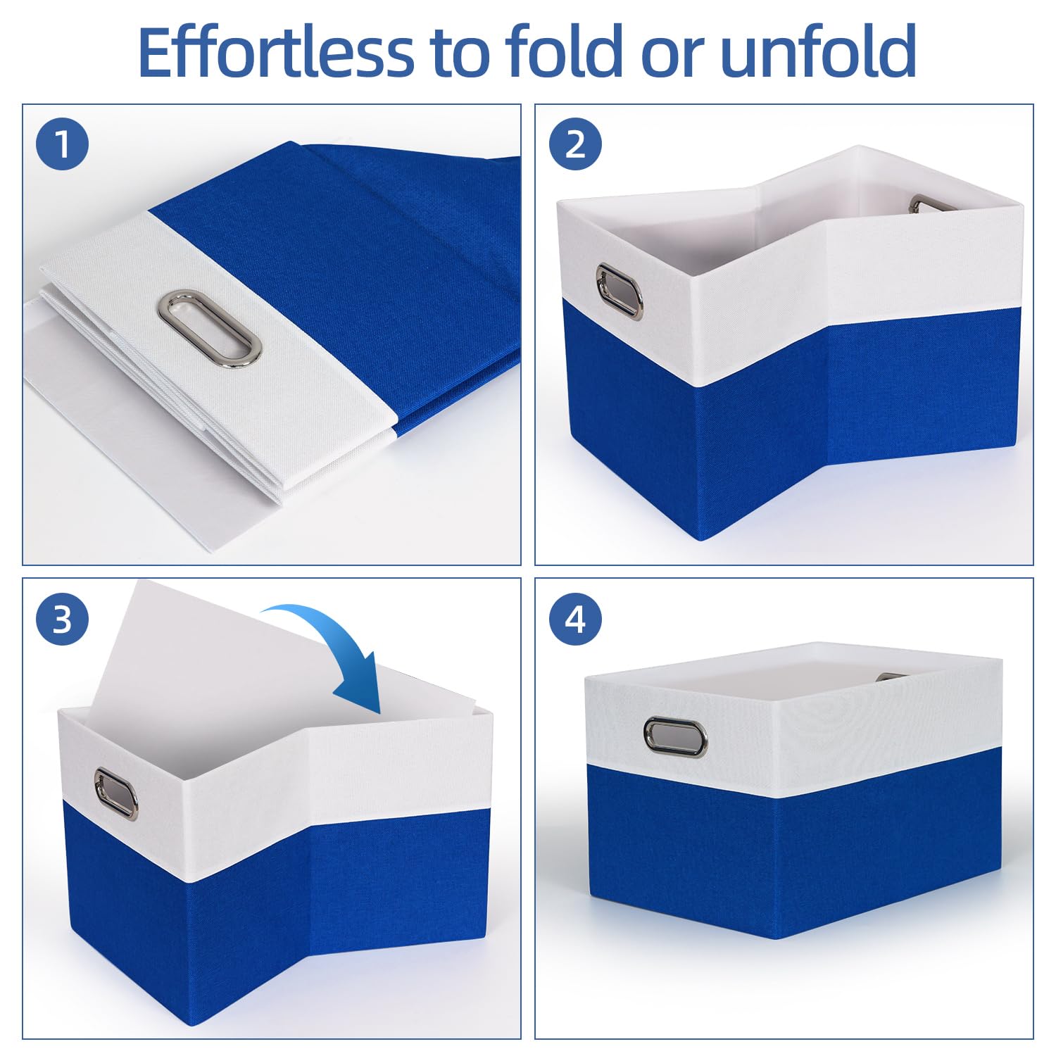 3 Stück Aufbewahrungsbox aus Stoff, Faltbare Ordnungsboxen mit Metallgriff, Boxen Aufbewahrung, Faltbox, Aufbewahrung für Kleidung, Geeignet für Schränke, Büros, 38x28x24 cm (Weiß & Blau)