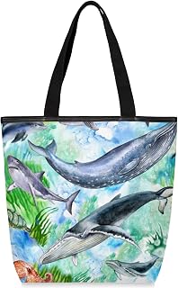 Sacolas de lona com zíper e bolso interno, bolsa de ombro feminina casual bolsa de mão baleia do oceano tubarão golfinho, bolsas de compras reutilizáveis para cozinha, bolsas de lona para uso para livros, sacolas de compras, sacolas de presente, Multicor