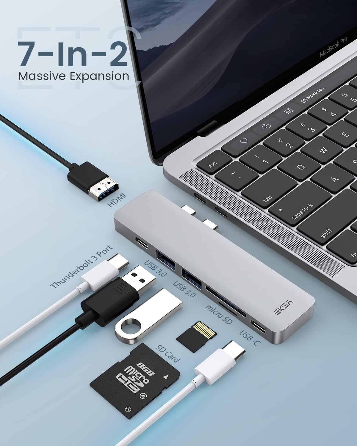 EKSA USB C Hub, 7 in 2 Type C Adapter for MacBook Pro 13" 15" 2018/2017 with 4K HDMI, 100W Power Delivery, Thunderbolt 3 Port, 2 USB 3.0, SD TF Card Reader, USB HUB T8 Grey 1